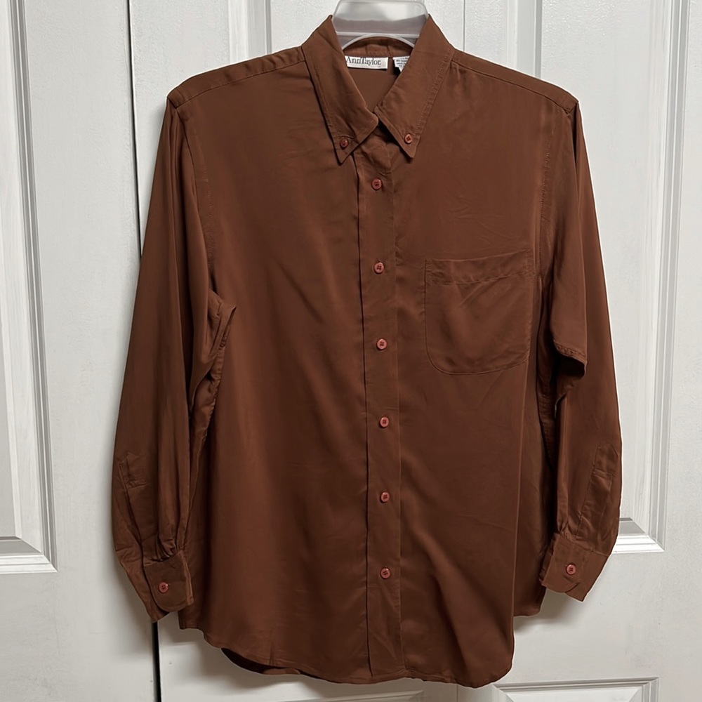 Ann Taylor Chocolate Brown Long Sleeve Vintage Silk Shirt Size L